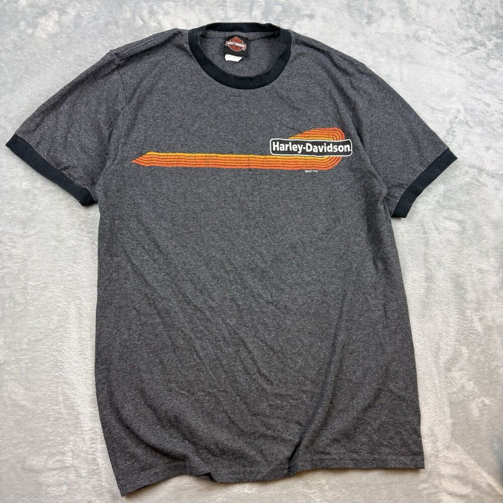 Harley Davidson Barn House Jefferson City MO Ringer T Shirt Gray Black Medium